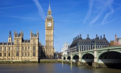 Big Ben (Elizabeth Tower) with the Houses of Parliament and Westminster Bridge across the River Thames on a sunny day in London.
