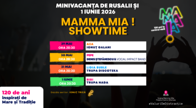 Poster for MAMMA MIA! SHOWTIME with dates, times, and a color‑coded lineup of performers on the left panels against a dark background.