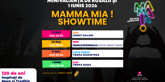 Poster for MAMMA MIA! SHOWTIME with dates, times, and a color‑coded lineup of performers on the left panels against a dark background.