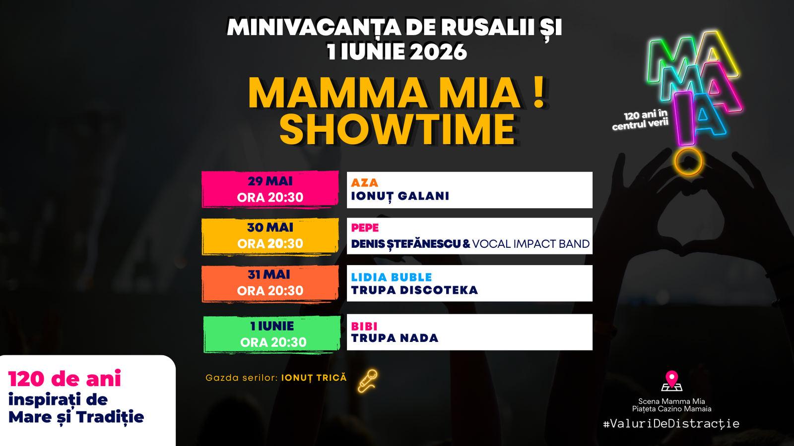 Poster for MAMMA MIA! SHOWTIME with dates, times, and a color‑coded lineup of performers on the left panels against a dark background.