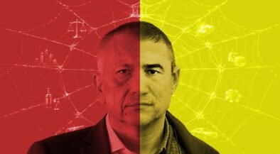 Split portrait of a man, red left half with crime-related icons and yellow right half with legal icons, suggesting dual identity in a web-like backdrop.