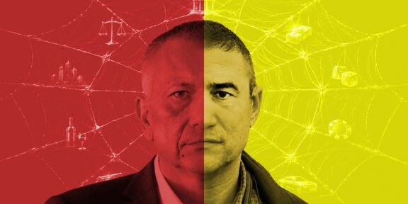 Split portrait of a man, red left half with crime-related icons and yellow right half with legal icons, suggesting dual identity in a web-like backdrop.