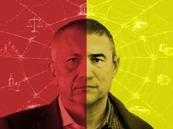 Split portrait of a man, red left half with crime-related icons and yellow right half with legal icons, suggesting dual identity in a web-like backdrop.