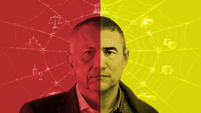 Split portrait of a man, red left half with crime-related icons and yellow right half with legal icons, suggesting dual identity in a web-like backdrop.
