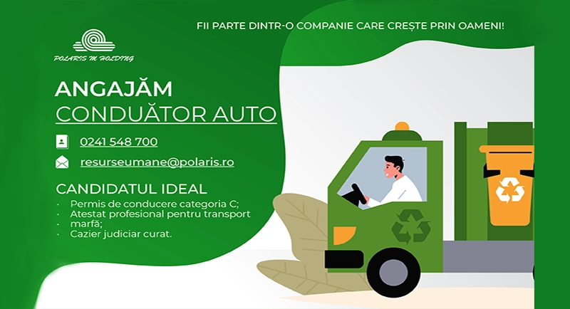 Banner verde de recrutare pentru conducător auto, cu camion verde and logo Polaris în stânga și informații de contact în dreapta