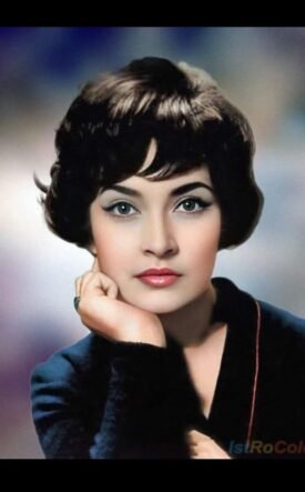 Vintage studio portrait of a woman with short dark hair, resting her chin on her hand in a blue blazer.
