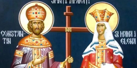 Orthodox icon showing Emperor Constantine and Empress Helena with a wooden cross between them, halos and ornate robes.
