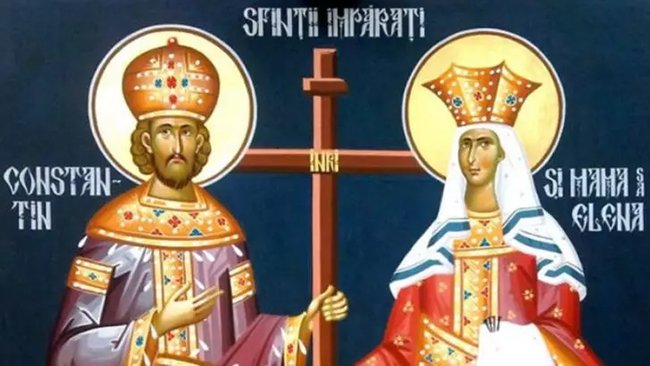 Orthodox icon showing Emperor Constantine and Empress Helena with a wooden cross between them, halos and ornate robes.