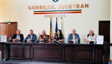 Panel of seven officials seated behind a long dark wood desk in a government chamber, with Romanian flags and 'Consiliul Judetean Constanta' on the wall.