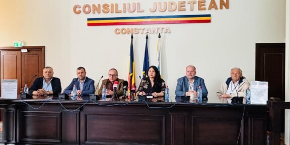 Panel of seven officials seated behind a long dark wood desk in a government chamber, with Romanian flags and 'Consiliul Judetean Constanta' on the wall.