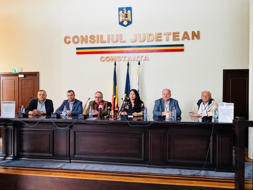Panel of seven officials seated behind a long dark wood desk in a government chamber, with Romanian flags and 'Consiliul Judetean Constanta' on the wall.
