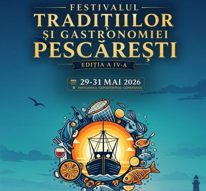 Poster for Festivalul tradițiilor și gastronomiei pescărești, Constanța, May 29–31, 2026, featuring a boat surrounded by seafood imagery.