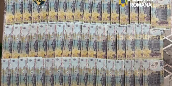 Rows of Romanian 100 lei banknotes laid out on a tiled floor, with the Poliția Română logo in the corner.