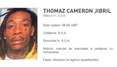 Mugshot photo of a man with dreadlocks beside a Romanian arrest record showing birth date 08-09-1987 and charges