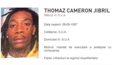 Mugshot photo of a man with dreadlocks beside a Romanian arrest record showing birth date 08-09-1987 and charges