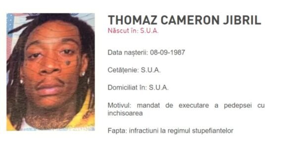 Mugshot photo of a man with dreadlocks beside a Romanian arrest record showing birth date 08-09-1987 and charges