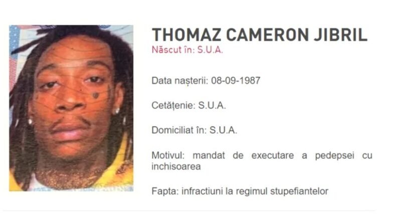 Mugshot photo of a man with dreadlocks beside a Romanian arrest record showing birth date 08-09-1987 and charges