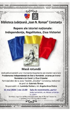 Poster pentru un eveniment cultural la Biblioteca Județeană Constanța despre Istorie națională, cu steaguri tricolore în fundal și textul aferent treimelorEvenimentului (Masă rotundă).