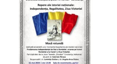 Poster pentru un eveniment cultural la Biblioteca Județeană Constanța despre Istorie națională, cu steaguri tricolore în fundal și textul aferent treimelorEvenimentului (Masă rotundă).