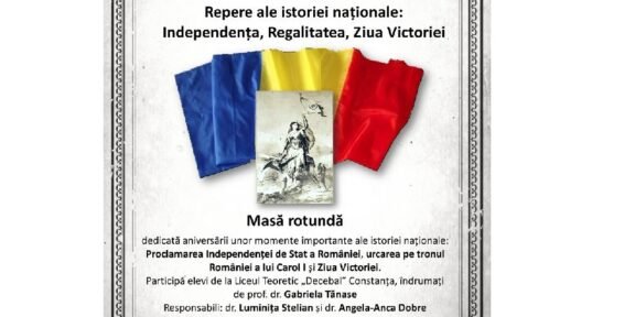 Poster pentru un eveniment cultural la Biblioteca Județeană Constanța despre Istorie națională, cu steaguri tricolore în fundal și textul aferent treimelorEvenimentului (Masă rotundă).