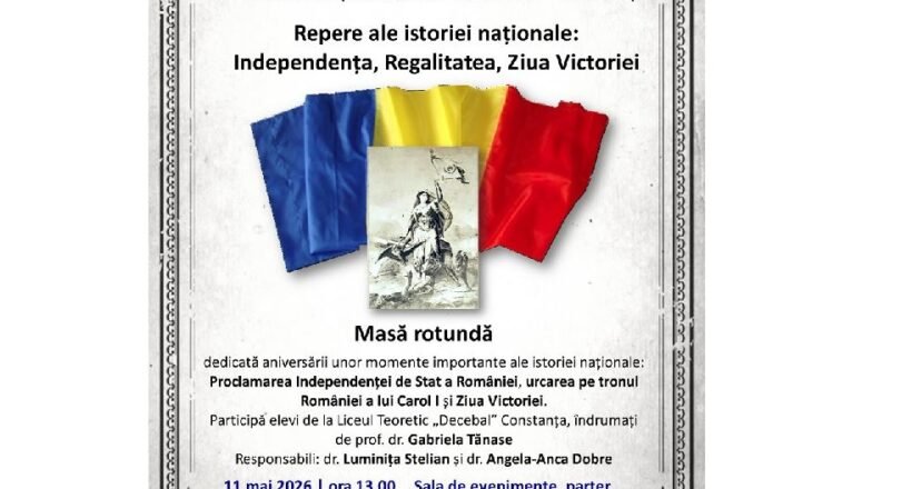 Poster pentru un eveniment cultural la Biblioteca Județeană Constanța despre Istorie națională, cu steaguri tricolore în fundal și textul aferent treimelorEvenimentului (Masă rotundă).