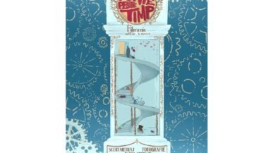 Festival poster featuring a tall ornate clock-tower frame with a glass-walled spiral ramp inside, set against a blue gear-patterned background.