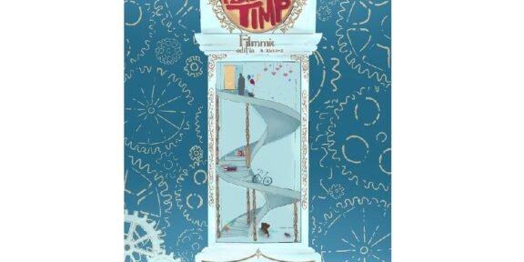Festival poster featuring a tall ornate clock-tower frame with a glass-walled spiral ramp inside, set against a blue gear-patterned background.