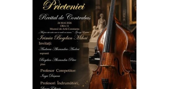 Informational poster for Armoniile Prieteniei: Recital de Contrabas, May 24, 2016 at Muzeul de Artă Constanța, with guest artists and organizers listed on the left side.