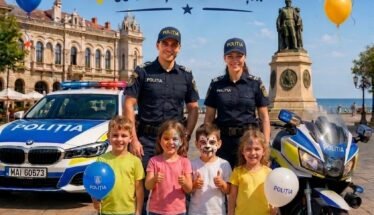 Poster pentru Ziua Copilului cu poliția Constanța: polițiști, copii zâmbitori, mașină și motocicletă de poliție, baloane colorate și festival în aer liber.