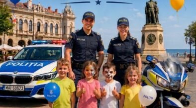 Poster pentru Ziua Copilului cu poliția Constanța: polițiști, copii zâmbitori, mașină și motocicletă de poliție, baloane colorate și festival în aer liber.