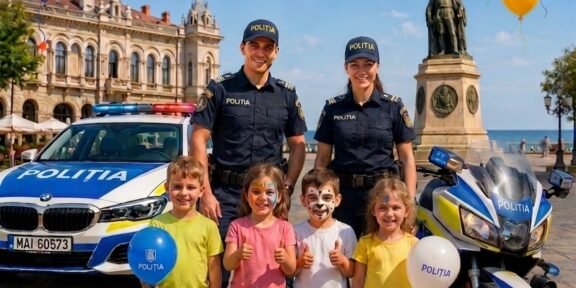 Poster pentru Ziua Copilului cu poliția Constanța: polițiști, copii zâmbitori, mașină și motocicletă de poliție, baloane colorate și festival în aer liber.