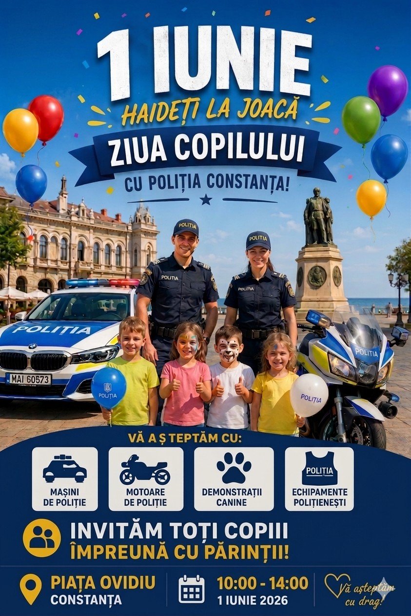 Poster pentru Ziua Copilului cu poliția Constanța: polițiști, copii zâmbitori, mașină și motocicletă de poliție, baloane colorate și festival în aer liber.