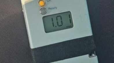 Handheld dosing device showing 1.0 ml dose, with On and Ready indicators visible.