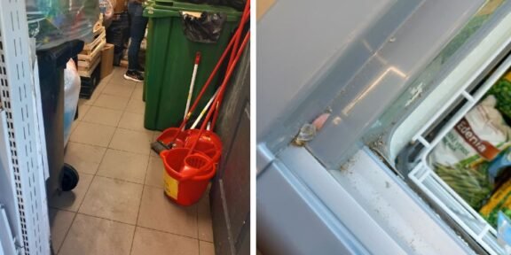 Left panel shows a cluttered storage area with a red mop bucket, mop handles, and a green trash bin; right panel shows a freezer door with a dirty seal and debris along the edge.