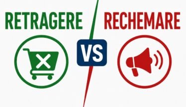 Left: green circle with a crossed-out shopping cart; center shows 'VS'; right: red circle with a megaphone icon; suggests a vs comparison between stop shopping and loud promotion.