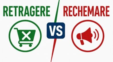 Left: green circle with a crossed-out shopping cart; center shows 'VS'; right: red circle with a megaphone icon; suggests a vs comparison between stop shopping and loud promotion.