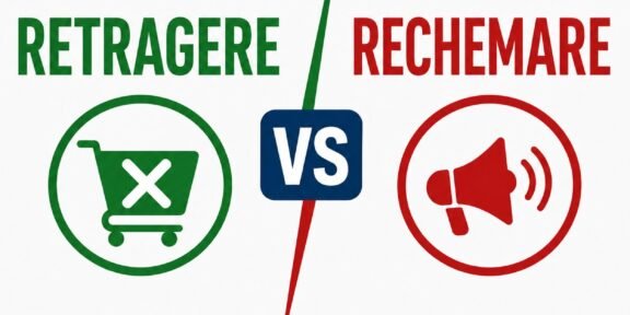 Left: green circle with a crossed-out shopping cart; center shows 'VS'; right: red circle with a megaphone icon; suggests a vs comparison between stop shopping and loud promotion.