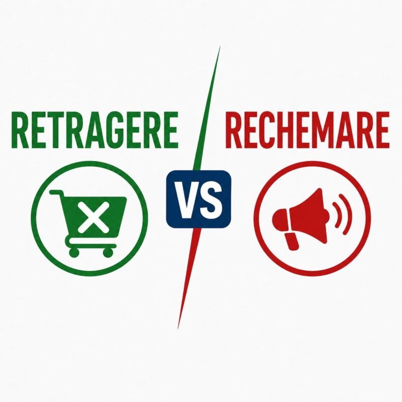 Left: green circle with a crossed-out shopping cart; center shows 'VS'; right: red circle with a megaphone icon; suggests a vs comparison between stop shopping and loud promotion.