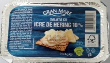 Aluminum tray with Gran Mare Icre de Hering 10% salt herring roe salad, 150 g label visible