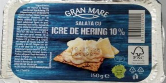 Aluminum tray with Gran Mare Icre de Hering 10% salt herring roe salad, 150 g label visible