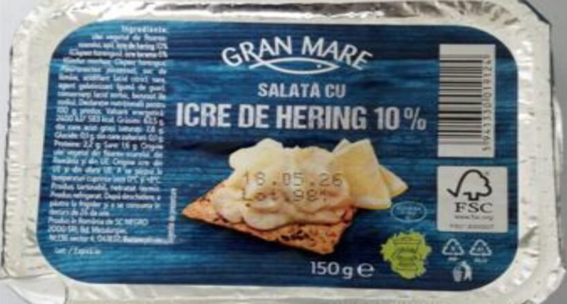 Aluminum tray with Gran Mare Icre de Hering 10% salt herring roe salad, 150 g label visible
