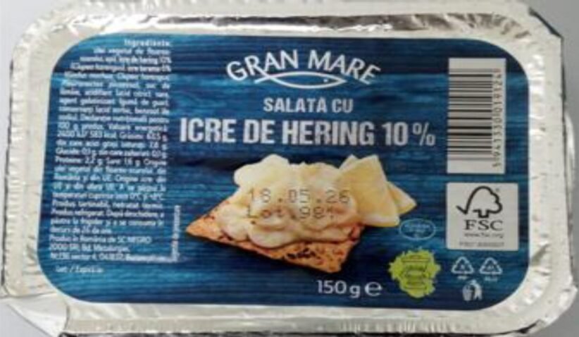 Aluminum tray with Gran Mare Icre de Hering 10% salt herring roe salad, 150 g label visible
