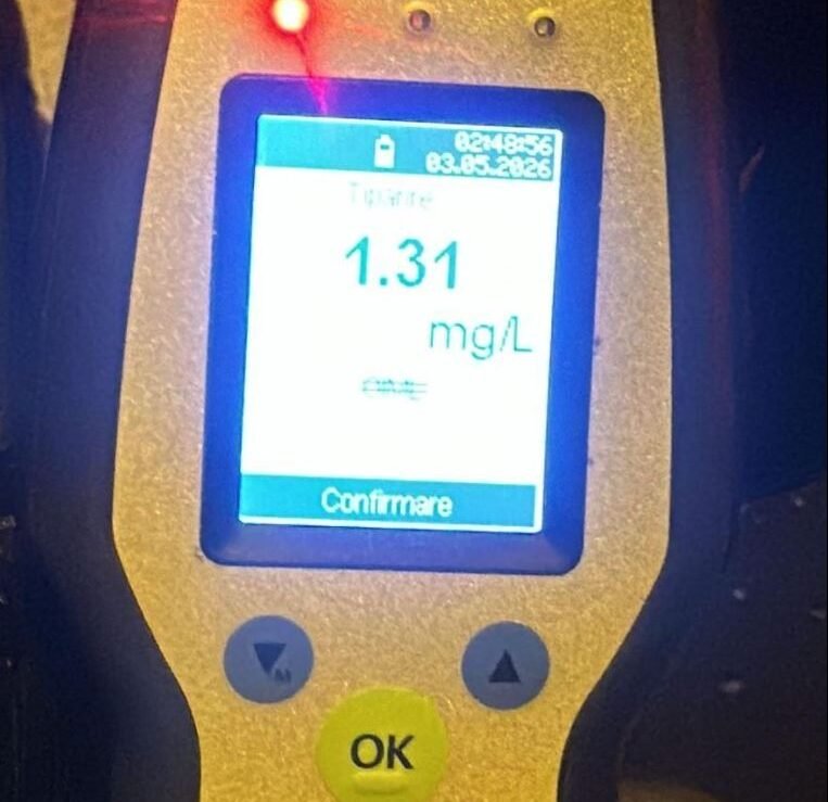 Portable meter showing a reading of 1.31 mg/L with Italian interface and 'Confermare' button, yellow device body.