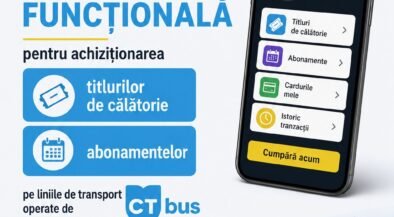 Poster promoting the 24pay travel app for passengers; smartphone screen shows app menu (tickets, subscriptions, passes, trip history) with Romanian labels, and a blue CT bus in the foreground.