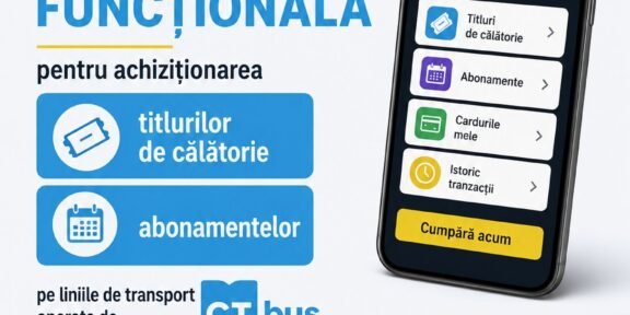 Poster promoting the 24pay travel app for passengers; smartphone screen shows app menu (tickets, subscriptions, passes, trip history) with Romanian labels, and a blue CT bus in the foreground.