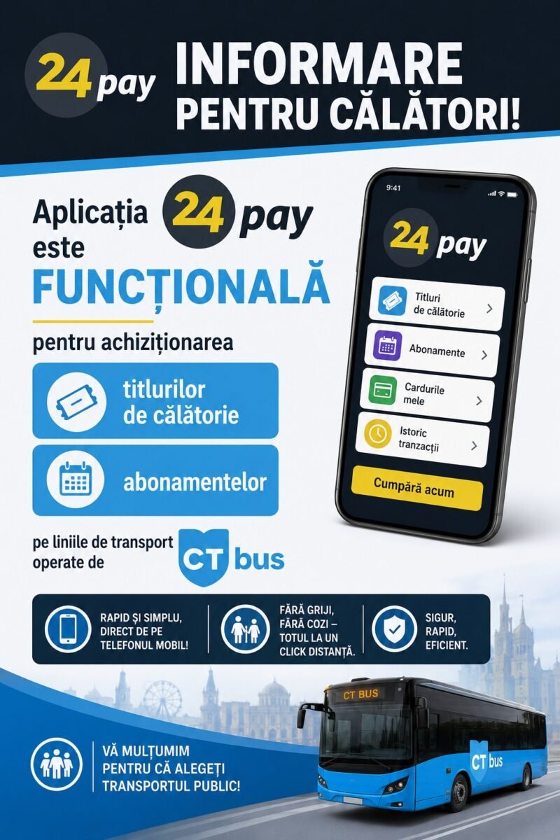 Poster promoting the 24pay travel app for passengers; smartphone screen shows app menu (tickets, subscriptions, passes, trip history) with Romanian labels, and a blue CT bus in the foreground.