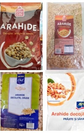 Four bags of peanuts (arachide) from different brands shown in a grid; variety of packaged roasted/decorticated peanuts still in plastic bags with labels visible.