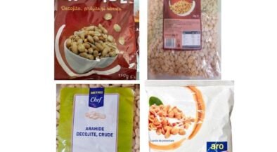 Four bags of peanuts (arachide) from different brands shown in a grid; variety of packaged roasted/decorticated peanuts still in plastic bags with labels visible.