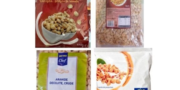 Four bags of peanuts (arachide) from different brands shown in a grid; variety of packaged roasted/decorticated peanuts still in plastic bags with labels visible.