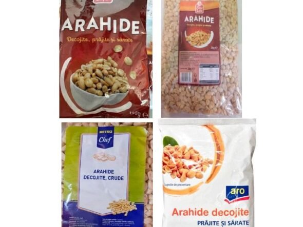 Four bags of peanuts (arachide) from different brands shown in a grid; variety of packaged roasted/decorticated peanuts still in plastic bags with labels visible.